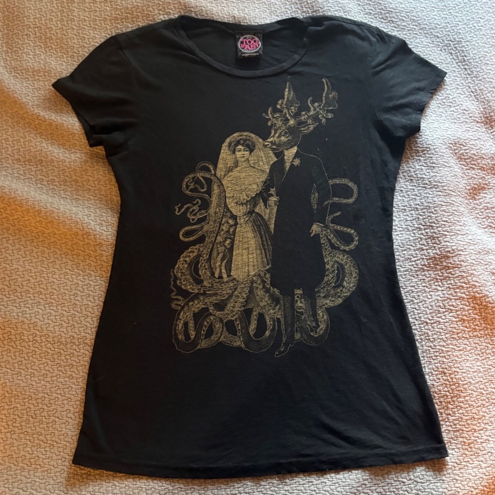 Too Fast Brand Womens Gothic Victorian Deer Wedding Tentacle Graphic Tee Black